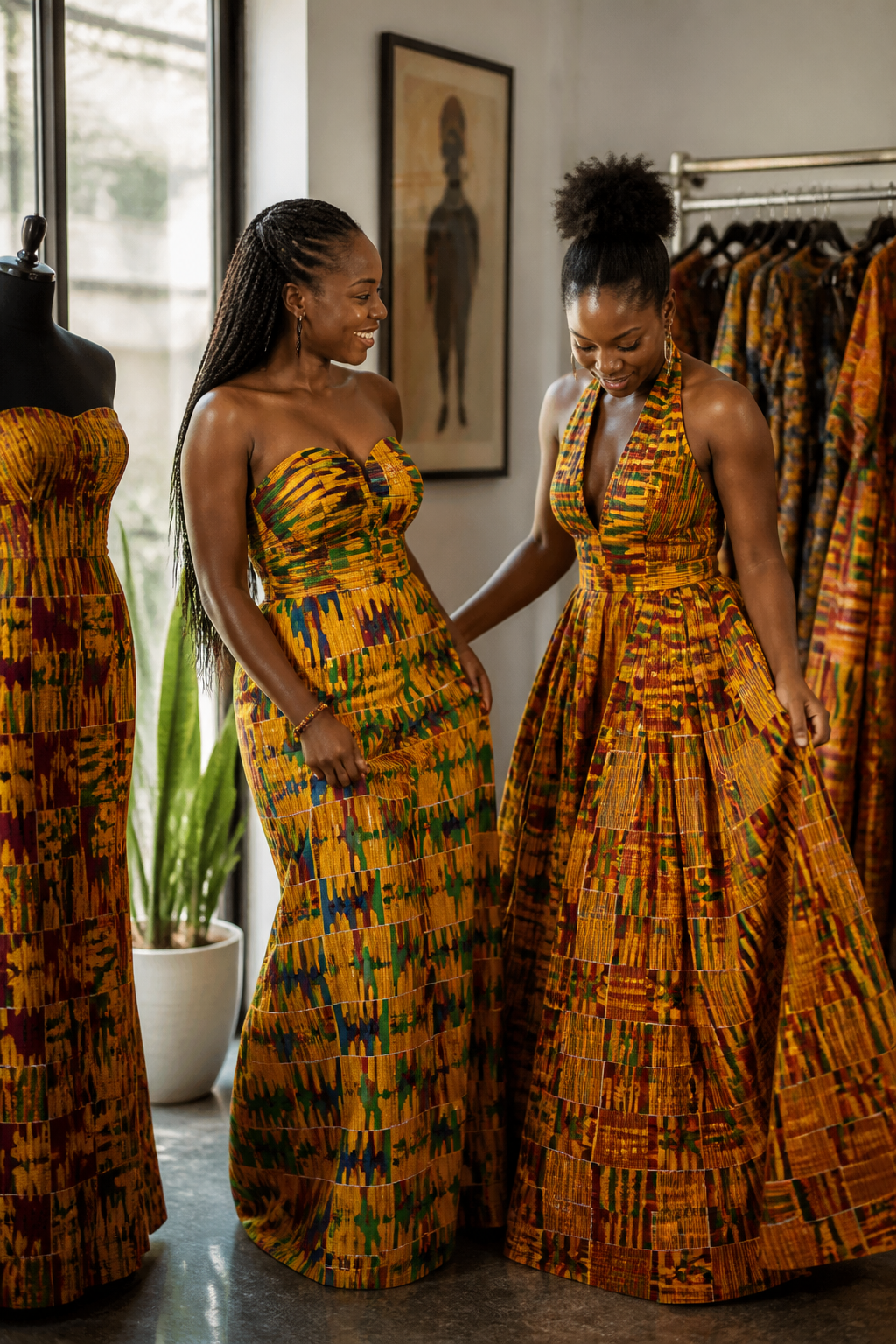 Contemporary kente dresses in an Accra fashion studio