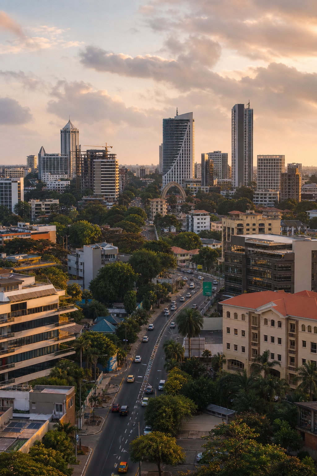 Modern Accra skyline and city streets at golden hour
