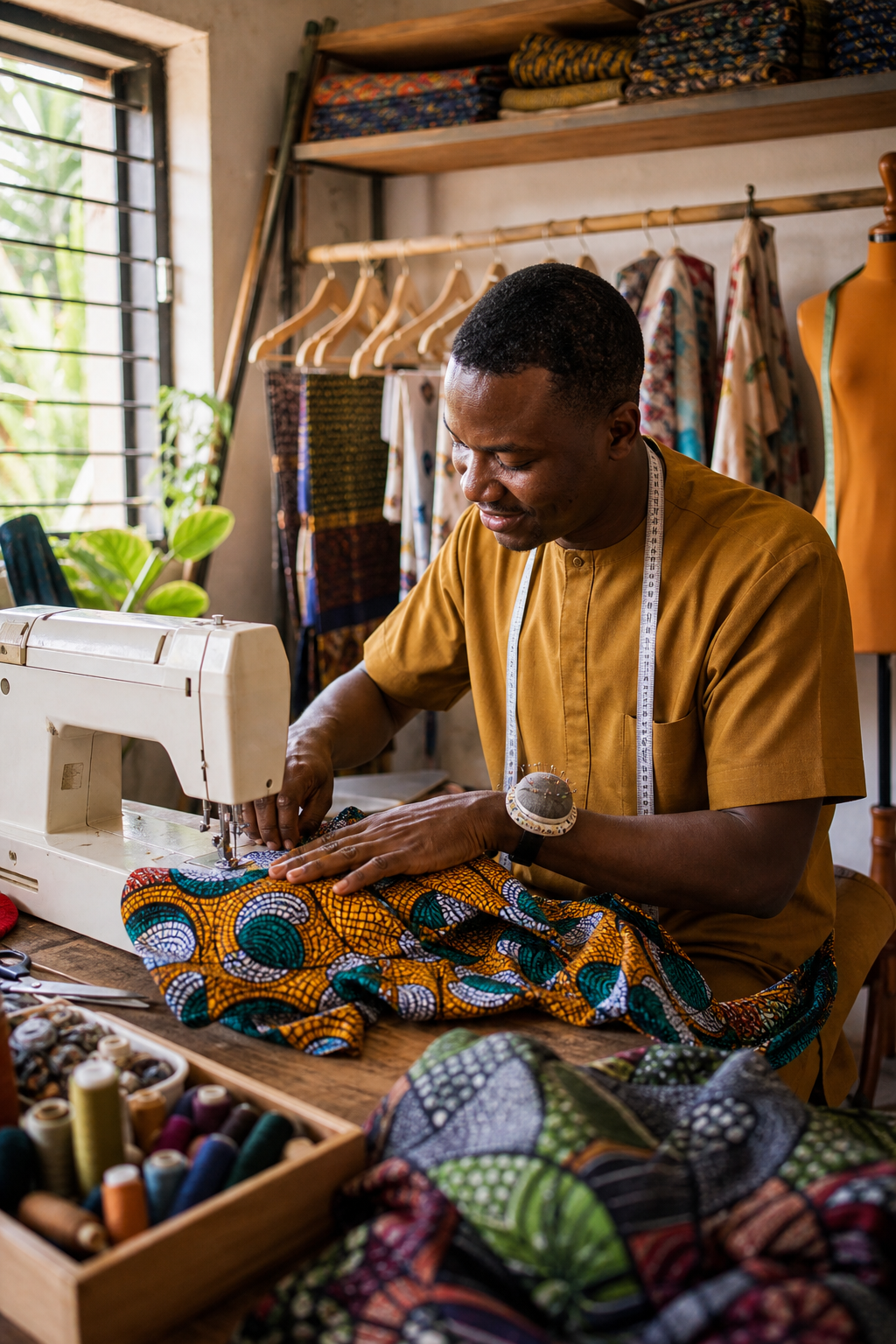 Ghanaian tailor sewing a colorful garment in an Accra workshop