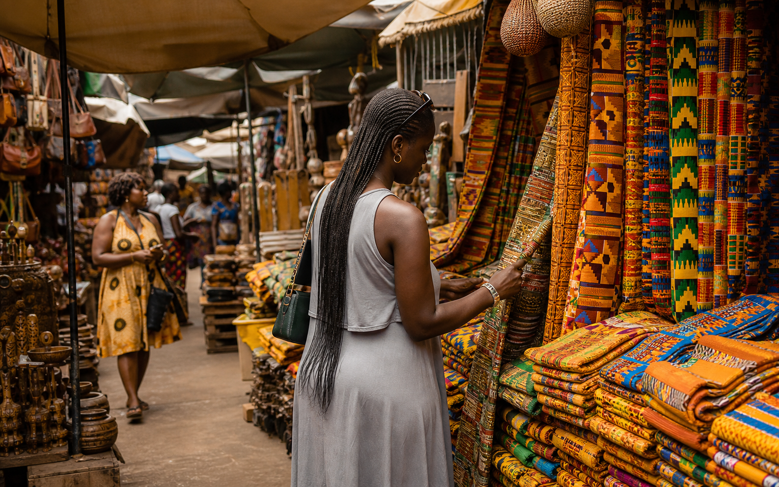 Shopper browsing colorful textiles at an Accra market