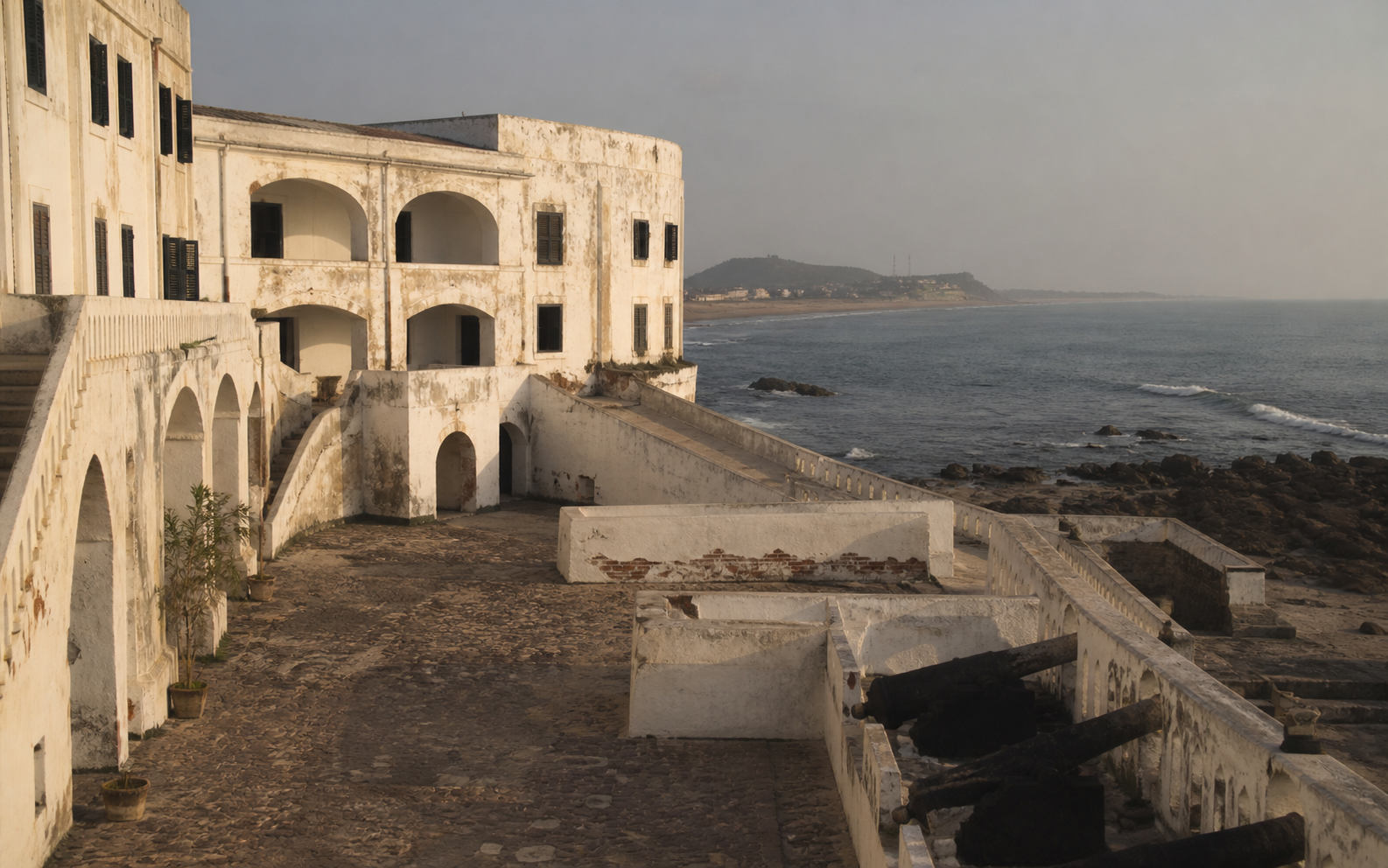 Historic Ghanaian coastal slave castle overlooking the Atlantic Ocean